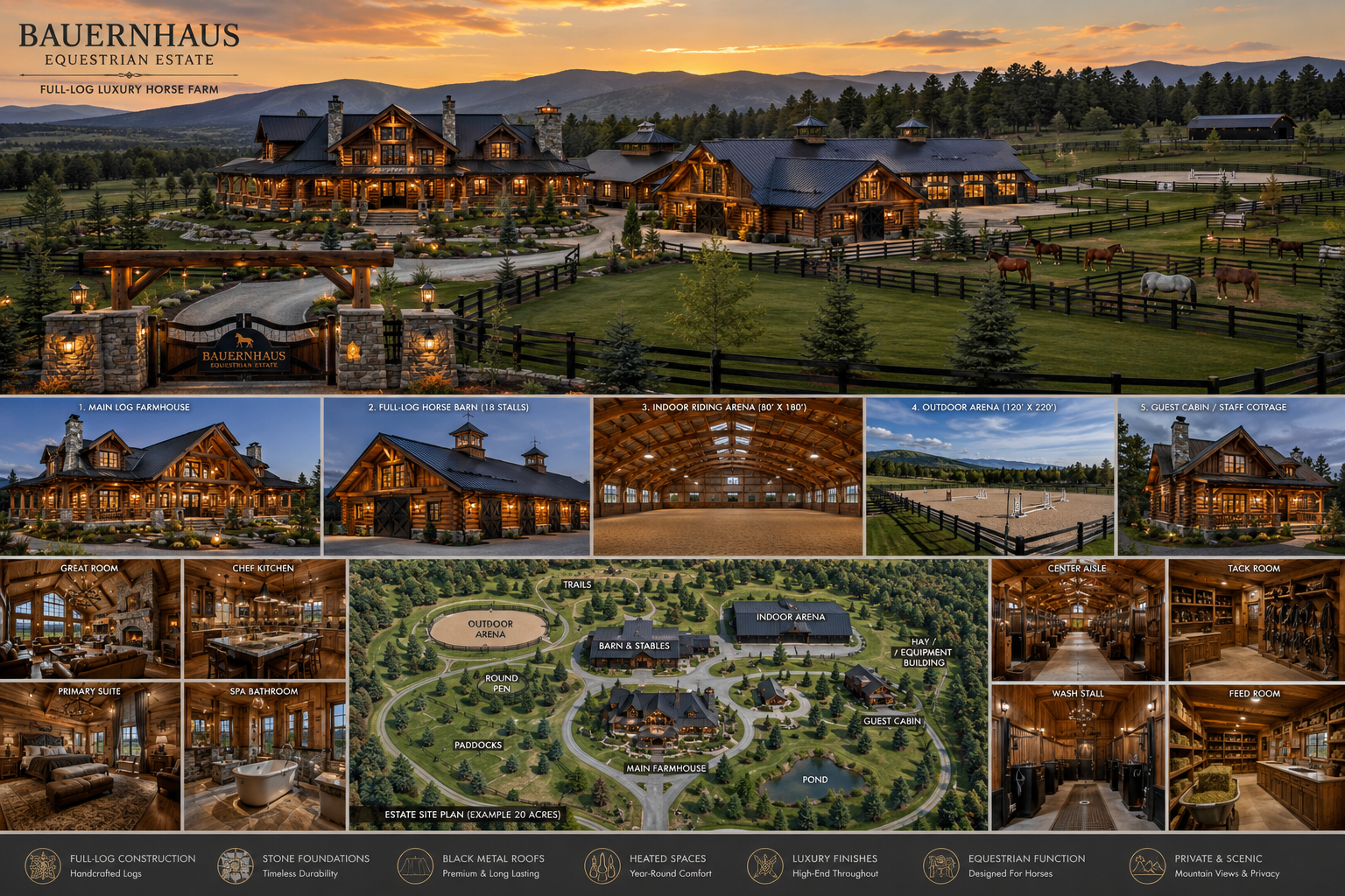 Bauernhaus equestrian estate — full-log luxury horse farm overview