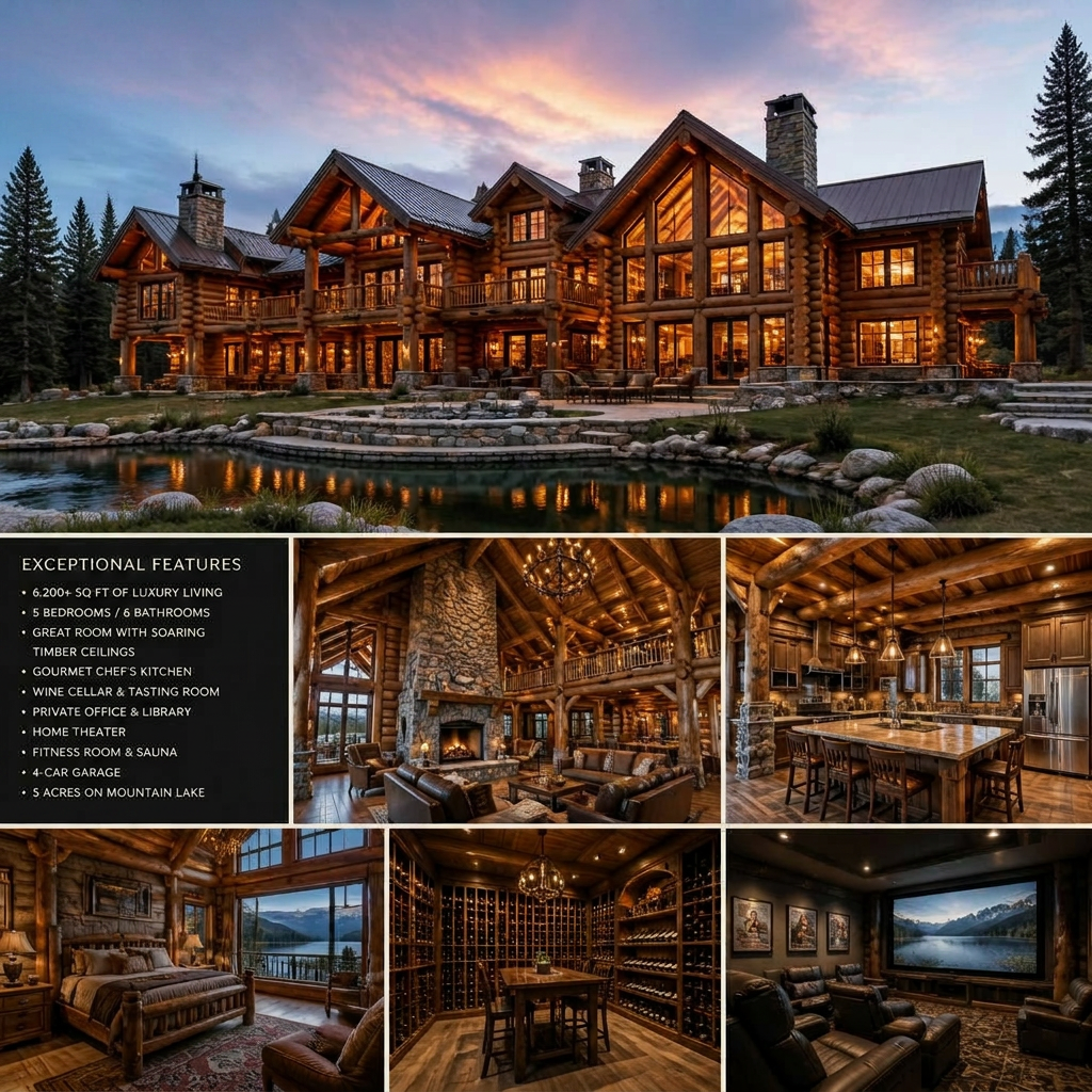 Luxury log estate — exterior and interior collage