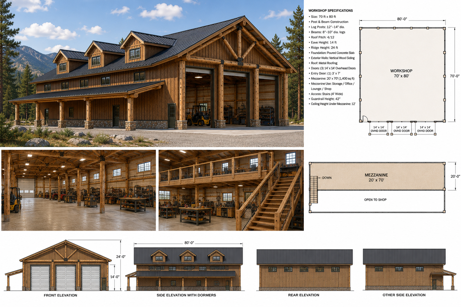 Timber workshop — exterior, interior and elevation studies