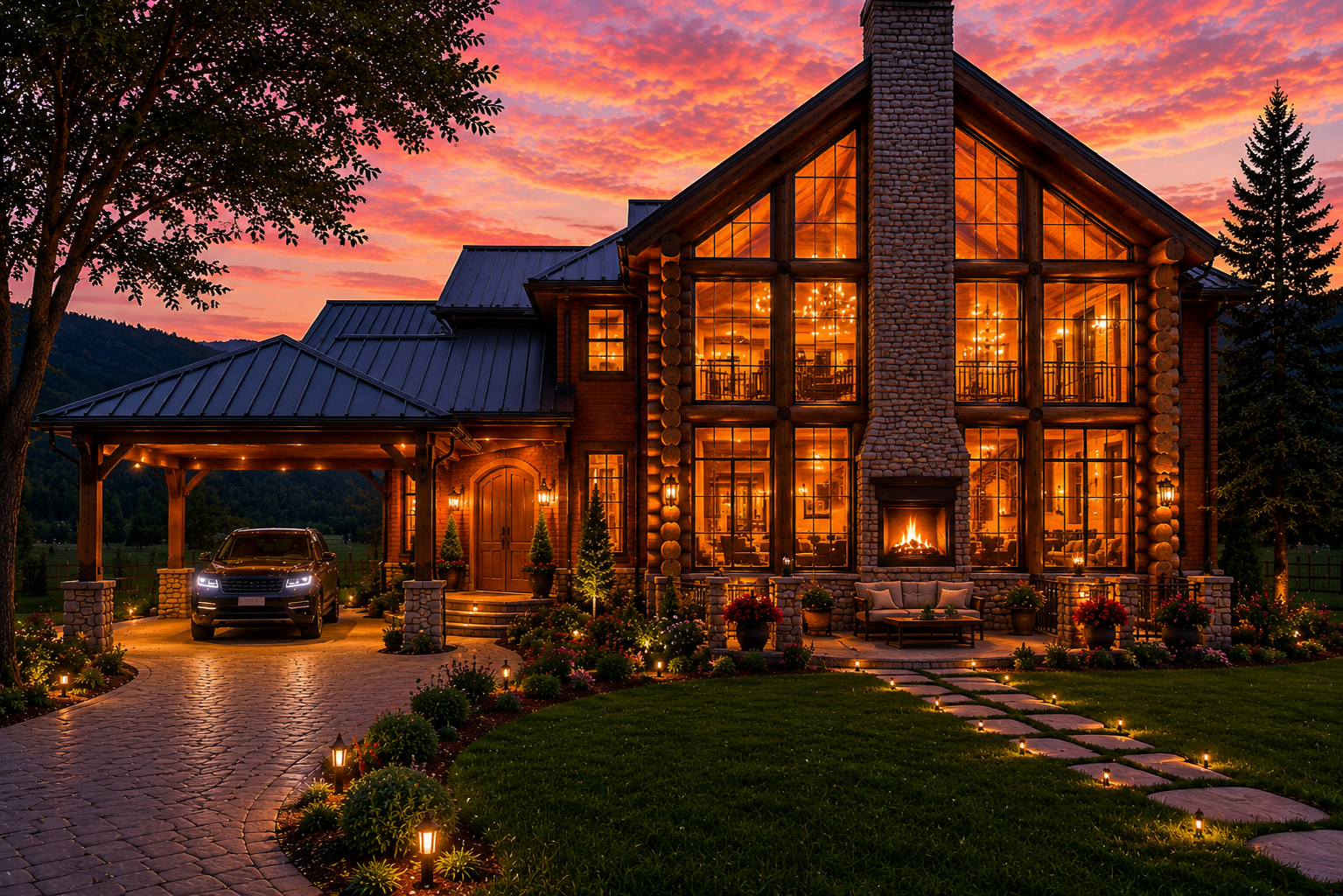 Reimagined estate front facade at sunset