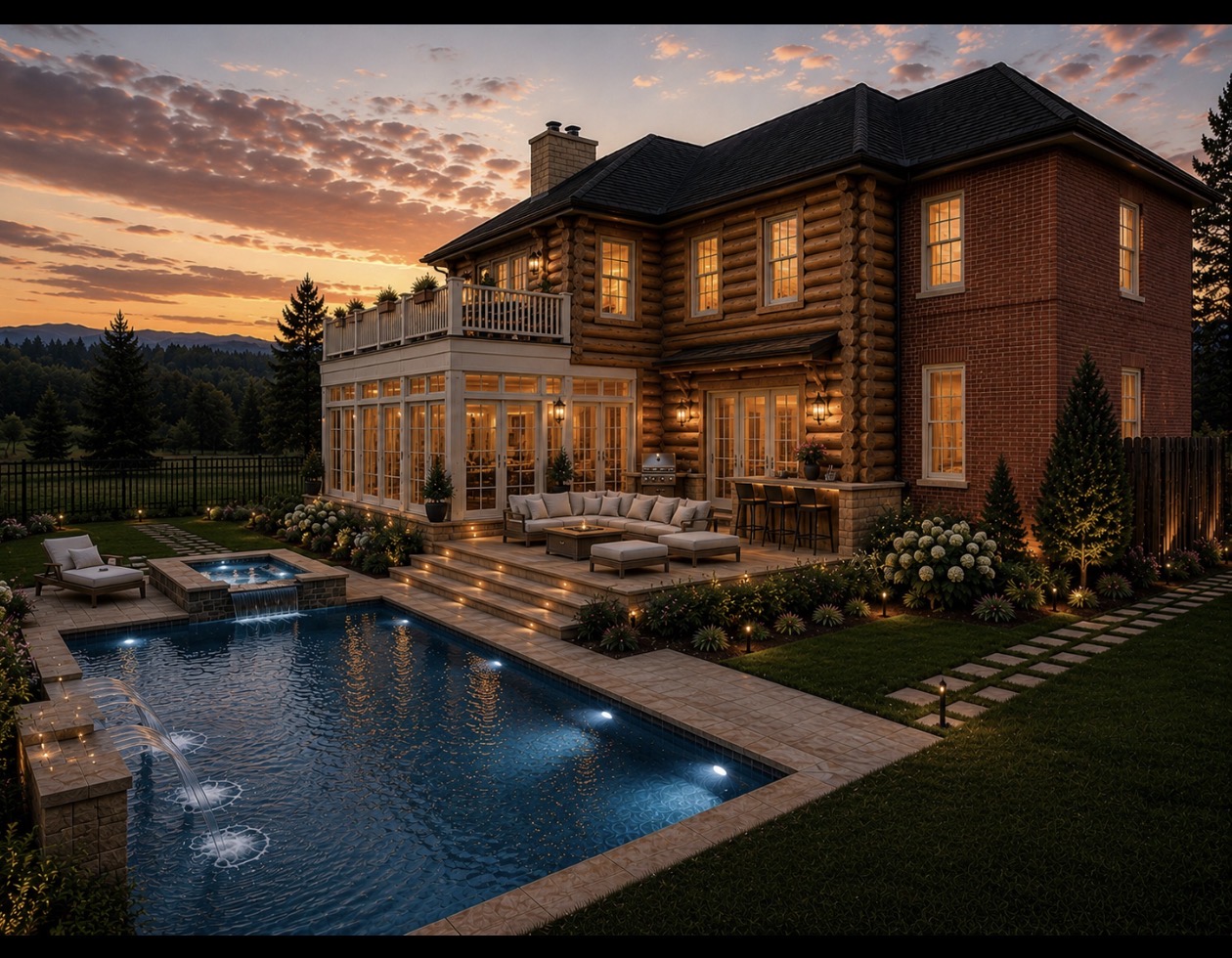 Reimagined estate with pool terrace at sunset
